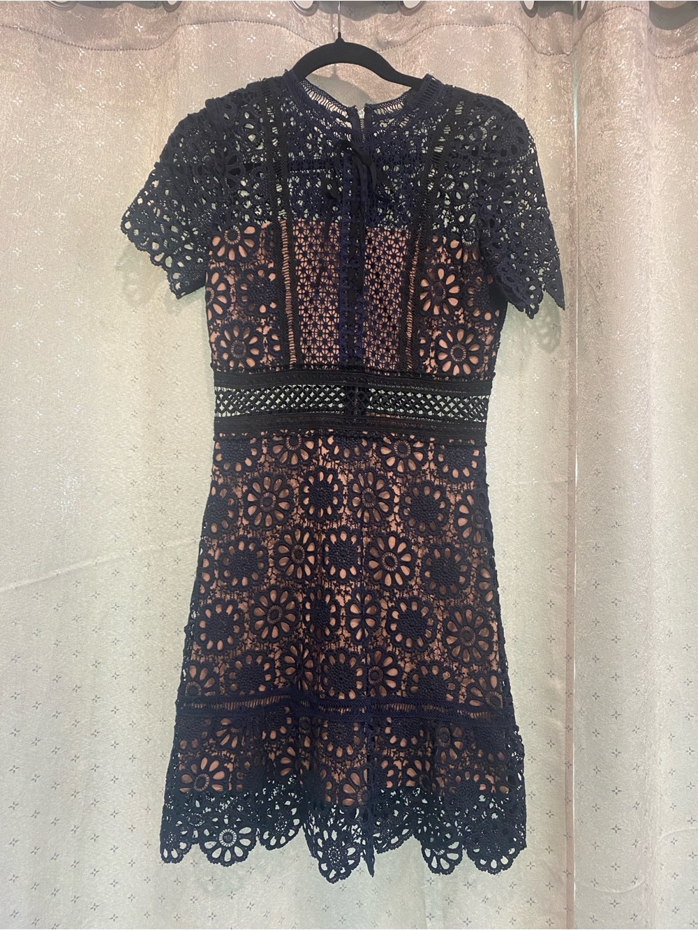 AQUA Navy Lace Overlay Short-Sleeve Dress